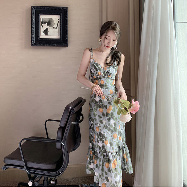 Fairy Seaside Holiday Chic Women Floral Printed V Neck Spaghetti Strap Pleated A Line Long Ruffle Dress