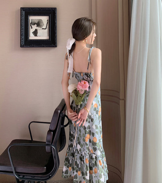 Fairy Seaside Holiday Chic Women Floral Printed V Neck Spaghetti Strap Pleated A Line Long Ruffle Dress