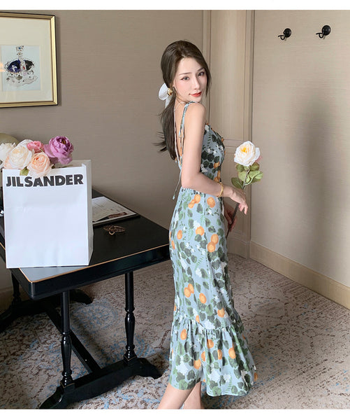 Fairy Seaside Holiday Chic Women Floral Printed V Neck Spaghetti Strap Pleated A Line Long Ruffle Dress