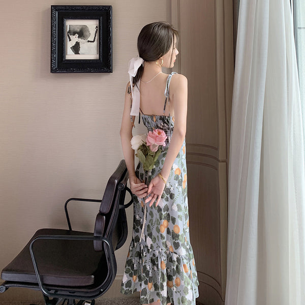 Fairy Seaside Holiday Chic Women Floral Printed V Neck Spaghetti Strap Pleated A Line Long Ruffle Dress