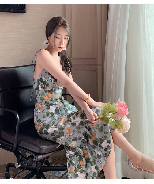 Fairy Seaside Holiday Chic Women Floral Printed V Neck Spaghetti Strap Pleated A Line Long Ruffle Dress