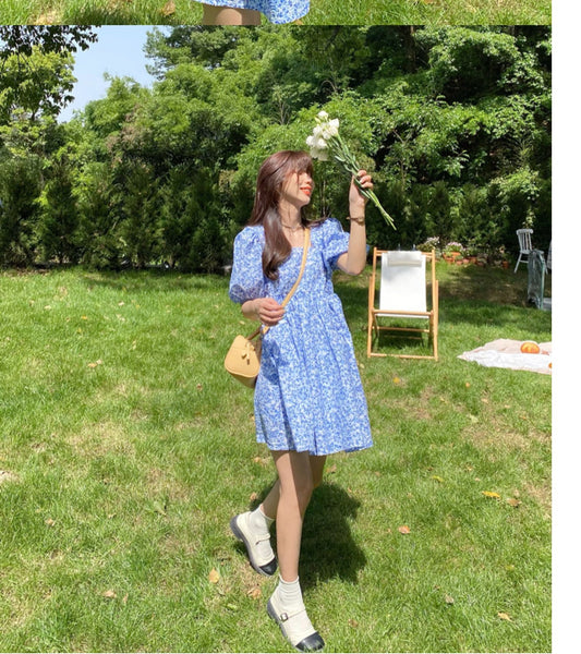 Summer Chic Women Tea break High Quality Retro Waist Floral Puff Sleeve Floral Drawstring Dress Dresses