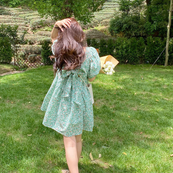 Summer Chic Women Tea break High Quality Retro Waist Floral Puff Sleeve Floral Drawstring Dress Dresses