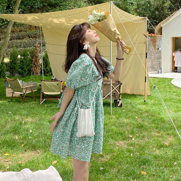 Summer Chic Women Tea break High Quality Retro Waist Floral Puff Sleeve Floral Drawstring Dress Dresses