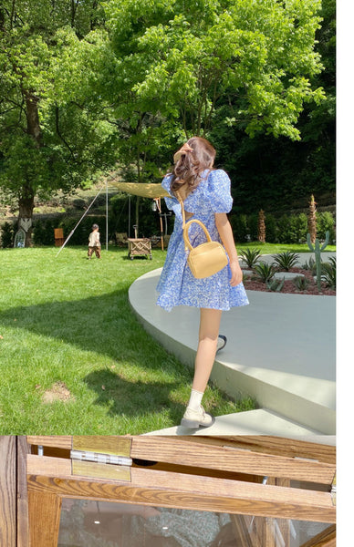 Summer Chic Women Tea break High Quality Retro Waist Floral Puff Sleeve Floral Drawstring Dress Dresses