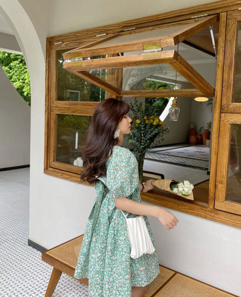 Summer Chic Women Tea break High Quality Retro Waist Floral Puff Sleeve Floral Drawstring Dress Dresses