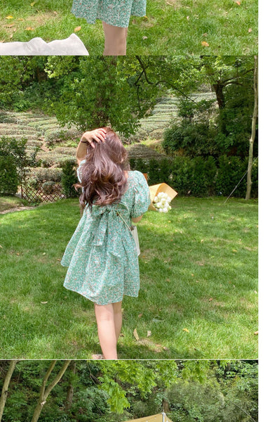 Summer Chic Women Tea break High Quality Retro Waist Floral Puff Sleeve Floral Drawstring Dress Dresses