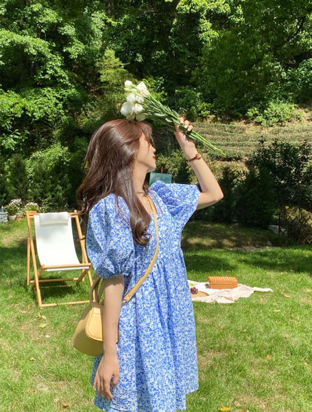 Summer Chic Women Tea break High Quality Retro Waist Floral Puff Sleeve Floral Drawstring Dress Dresses