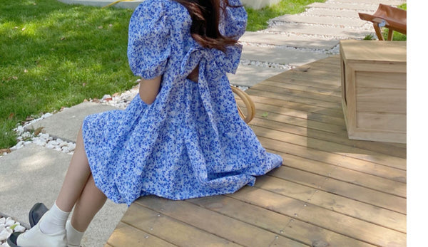 Summer Chic Women Tea break High Quality Retro Waist Floral Puff Sleeve Floral Drawstring Dress Dresses