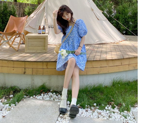 Summer Chic Women Tea break High Quality Retro Waist Floral Puff Sleeve Floral Drawstring Dress Dresses