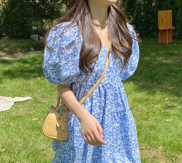 Summer Chic Women Tea break High Quality Retro Waist Floral Puff Sleeve Floral Drawstring Dress Dresses