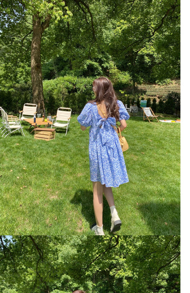 Summer Chic Women Tea break High Quality Retro Waist Floral Puff Sleeve Floral Drawstring Dress Dresses