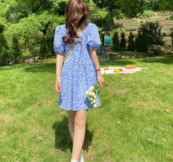 Summer Chic Women Tea break High Quality Retro Waist Floral Puff Sleeve Floral Drawstring Dress Dresses