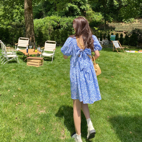 Summer Chic Women Tea break High Quality Retro Waist Floral Puff Sleeve Floral Drawstring Dress Dresses