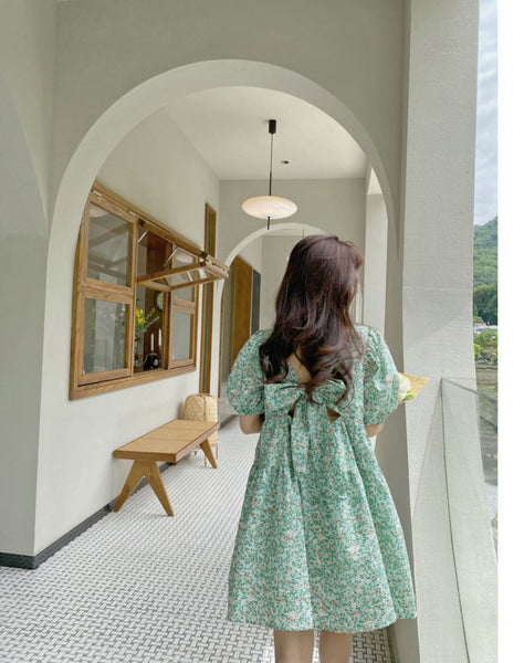 Summer Chic Women Tea break High Quality Retro Waist Floral Puff Sleeve Floral Drawstring Dress Dresses