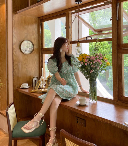 Summer Chic Women Tea break High Quality Retro Waist Floral Puff Sleeve Floral Drawstring Dress Dresses