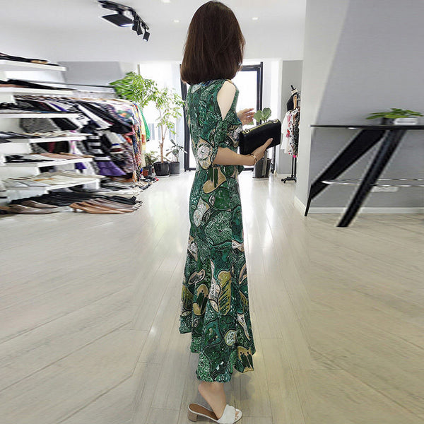 Summer Chic Women High Waist Retro Floral Printed Drawstring A LineDress Dresses