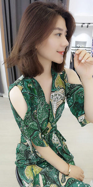 Summer Chic Women High Waist Retro Floral Printed Drawstring A LineDress Dresses