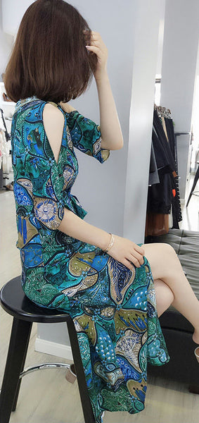 Summer Chic Women High Waist Retro Floral Printed Drawstring A LineDress Dresses