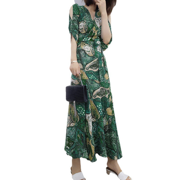 Summer Chic Women High Waist Retro Floral Printed Drawstring A LineDress Dresses