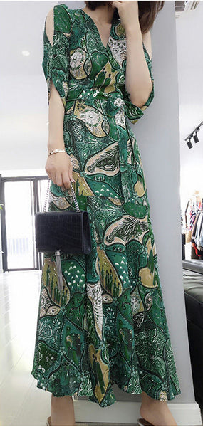 Summer Chic Women High Waist Retro Floral Printed Drawstring A LineDress Dresses