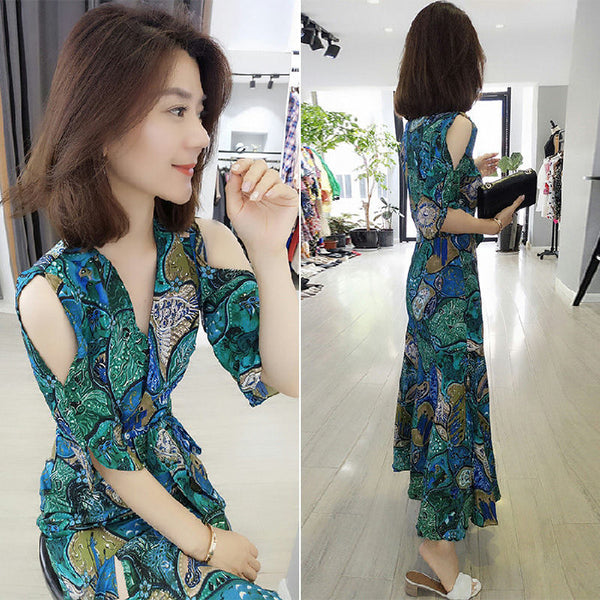Summer Chic Women High Waist Retro Floral Printed Drawstring A LineDress Dresses