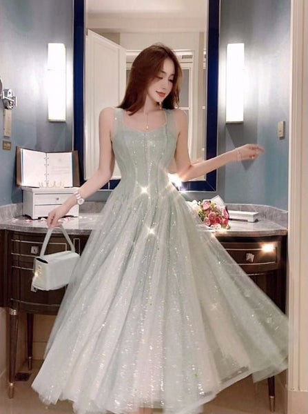 Elegant Summer Retro Round Neck Sleeveless Backless Skirt Mid Length Fairy Blink Mesh Dress