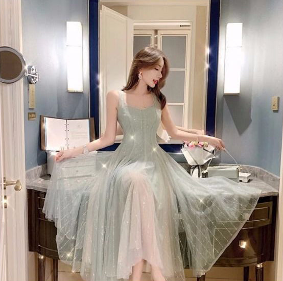 Elegant Summer Retro Round Neck Sleeveless Backless Skirt Mid Length Fairy Blink Mesh Dress