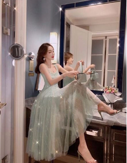 Elegant Summer Retro Round Neck Sleeveless Backless Skirt Mid Length Fairy Blink Mesh Dress