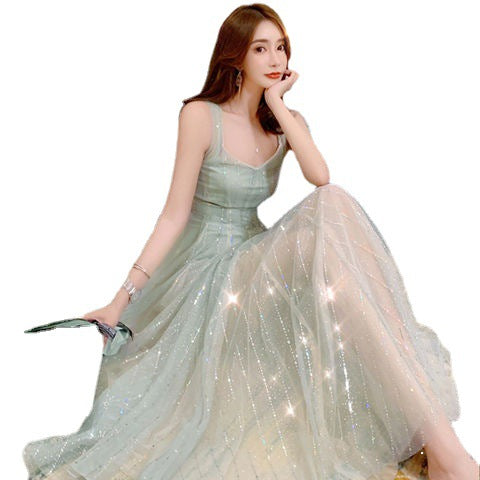 Elegant Summer Retro Round Neck Sleeveless Backless Skirt Mid Length Fairy Blink Mesh Dress