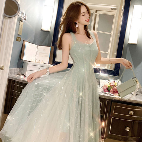 Elegant Summer Retro Round Neck Sleeveless Backless Skirt Mid Length Fairy Blink Mesh Dress