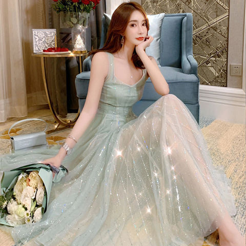 Elegant Summer Retro Round Neck Sleeveless Backless Skirt Mid Length Fairy Blink Mesh Dress