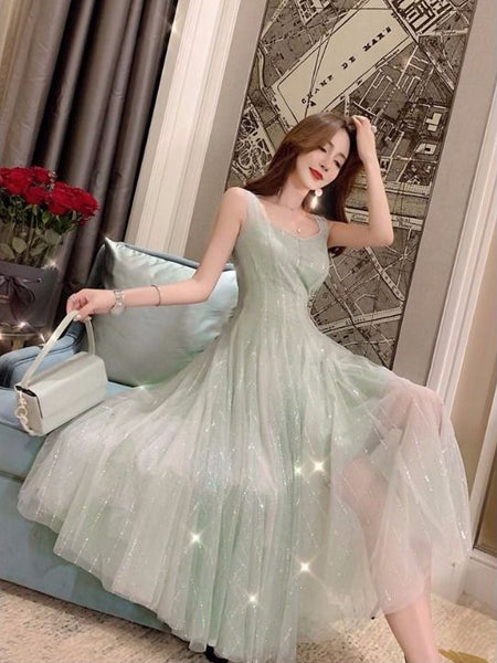 Elegant Summer Retro Round Neck Sleeveless Backless Skirt Mid Length Fairy Blink Mesh Dress