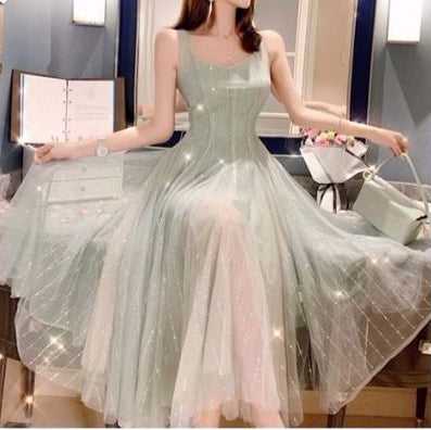 Elegant Summer Retro Round Neck Sleeveless Backless Skirt Mid Length Fairy Blink Mesh Dress