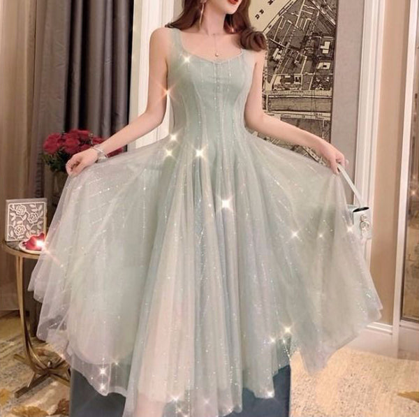 Elegant Summer Retro Round Neck Sleeveless Backless Skirt Mid Length Fairy Blink Mesh Dress