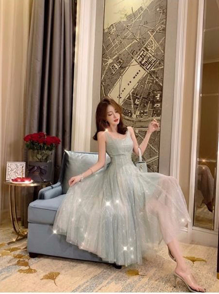 Elegant Summer Retro Round Neck Sleeveless Backless Skirt Mid Length Fairy Blink Mesh Dress