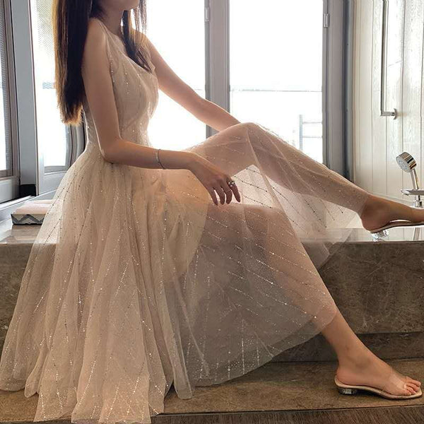 Elegant Summer Retro Round Neck Sleeveless Backless Skirt Mid Length Fairy Blink Mesh Dress