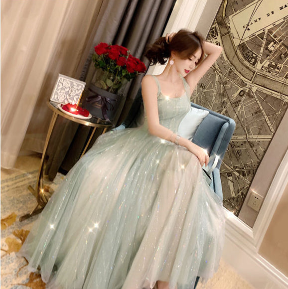 Elegant Summer Retro Round Neck Sleeveless Backless Skirt Mid Length Fairy Blink Mesh Dress