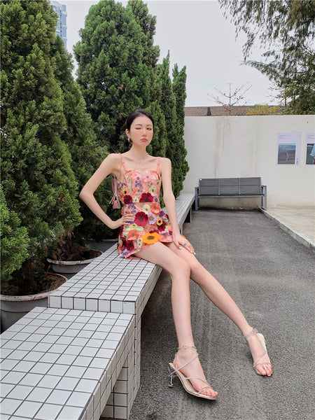 Spring Summer Three Dimensional 3D Embroidery Floral Flowers Pattern Hollow Out Spaghetti Strap Mini Dress