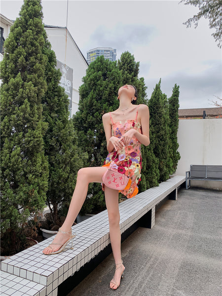 Spring Summer Three Dimensional 3D Embroidery Floral Flowers Pattern Hollow Out Spaghetti Strap Mini Dress