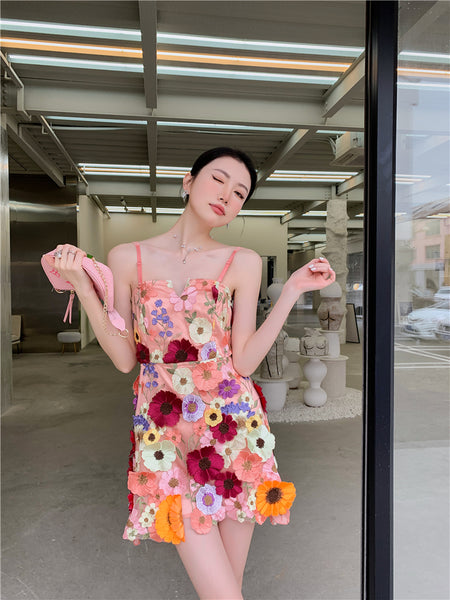 Spring Summer Three Dimensional 3D Embroidery Floral Flowers Pattern Hollow Out Spaghetti Strap Mini Dress