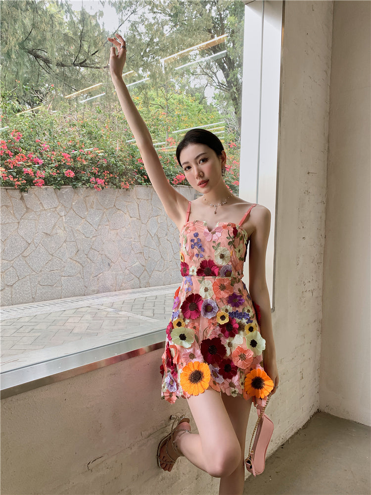 Spring Summer Three Dimensional 3D Embroidery Floral Flowers Pattern Hollow Out Spaghetti Strap Mini Dress
