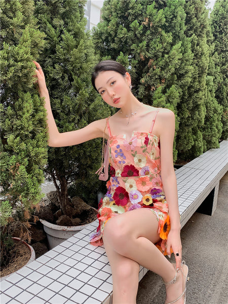 Spring Summer Three Dimensional 3D Embroidery Floral Flowers Pattern Hollow Out Spaghetti Strap Mini Dress