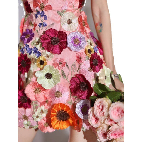 Spring Summer Three Dimensional 3D Embroidery Floral Flowers Pattern Hollow Out Spaghetti Strap Mini Dress
