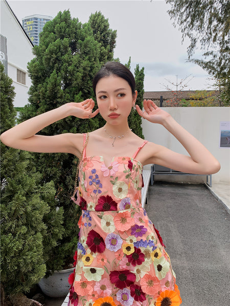 Spring Summer Three Dimensional 3D Embroidery Floral Flowers Pattern Hollow Out Spaghetti Strap Mini Dress