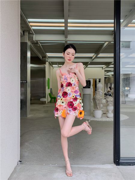 Spring Summer Three Dimensional 3D Embroidery Floral Flowers Pattern Hollow Out Spaghetti Strap Mini Dress
