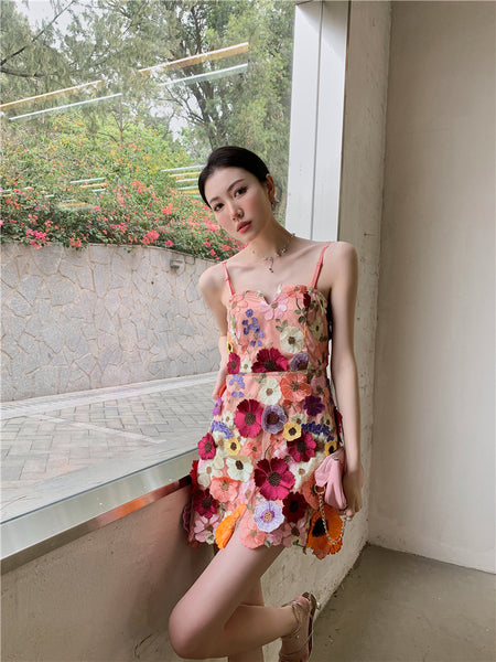 Spring Summer Three Dimensional 3D Embroidery Floral Flowers Pattern Hollow Out Spaghetti Strap Mini Dress