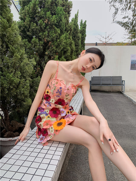 Spring Summer Three Dimensional 3D Embroidery Floral Flowers Pattern Hollow Out Spaghetti Strap Mini Dress
