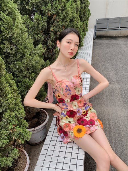 Spring Summer Three Dimensional 3D Embroidery Floral Flowers Pattern Hollow Out Spaghetti Strap Mini Dress