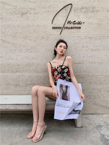 Lovely Women Three Dimensional 3D Embroidery Floral Flowers Pattern Hollow Out Spaghetti Strap Mini Party Dress